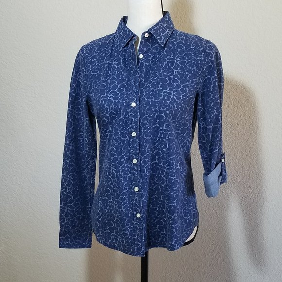 Talbots Tops - Talbots Shirt 4 Button Down Denim Blue 100% Cotton Roll Tab Sleeve Blouse Top